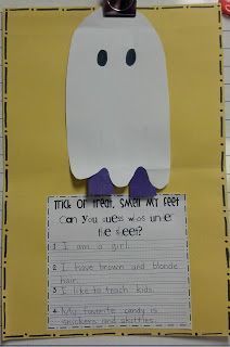 Halloween Writing Craft: "Trick or treat, smell my feet. Can you guess who's under the sheet?" {FREEBIE} 2nd Grade October Art Projects, Halloween Writing Activities First Grade, Halloween Ela Activities First Grade, October Writing First Grade, Halloween Writing Grade 1, Ghost Writing Activity, First Grade Fall Writing Craft, Halloween Art For Grade 1, Halloween Craft For Second Grade