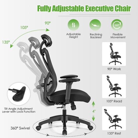 Our ergonomic mesh office chair is designed to give you a comfortable sitting experience! Featuring multifunctional adjustment, this mesh office chair will be a good partner for you whether you are working, studying, gaming or resting. You can adjust the chair back to a comfortable angle (90°/105°/135°) according to your needs and lock it for stable use. The adjustable seat height, armrests and rotatable headrest can meet your needs for different tasks. Besides, there is a lumbar support, which Ergonomic Furniture Design, High Office Chair, Modern Desk Chair, Ergonomic Computer Chair, Ergonomic Desk Chair, Comfortable Office Chair, Furniture Ads, Ergonomic Desk, Furniture Design Wooden