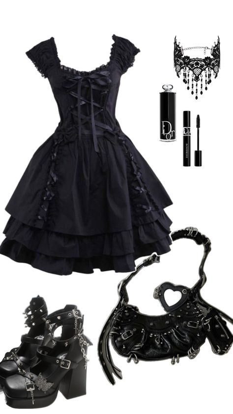 Emo School Dance Outfits, Emo Birthday Outfit, Goth Graduation Outfit, Misa Outfit, Black Gothic Outfit, Wednesday Wardrobe, Goth Moodboard, Black Dress Goth, Emo Dress