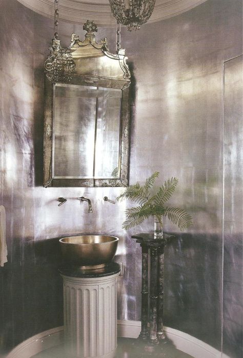 Silver Bathroom, South Shore Decorating, Silver Wallpaper, Silver Walls, Mirror On The Wall, Silver Paper, Wall Finishes, Bath Room, Venetian Mirrors