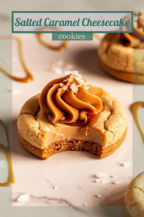 Salted Caramel Cheesecake Cookies Recipe - Emma's Cake Studio Salted Caramel Cheesecake Cookies, Caramel Cheesecake Cookies, Chocolate Chip Cheesecake Cookies Recipe, Caramel Cheesecake Bites, Cheesecake Cookies Recipes, Deep Dish Cookie, Salty Desserts, Salted Caramel Frosting, Chewy Caramel