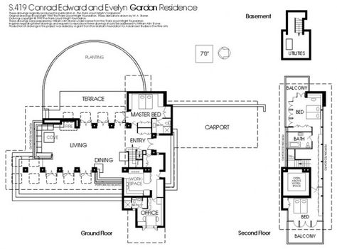 gordon house wright | Frank Lloyd Wright's Gordon House plan Gordon House Frank Lloyd Wright, Usonian Style, Silverton Oregon, Plan And Elevation, Usonian House, Western Bedrooms, Oregon Garden, Second Floor Balcony, Built In Sofa