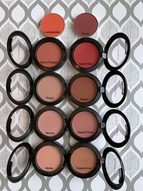 MAC Blush swatches (loudspeaker, fever, burnt pepper, apple red, prism, raizin, mocha, desert rose, melba, coppertone) dark skin Mac Blush Swatches Matte, Blush Swatches On Face, Mac Raizin Blush, Mac Burnt Pepper Blush, Mac Makeup Aesthetic, Mac Blush Swatches, Mac Blushbaby, Mac Makeup Products, Mac Swatches