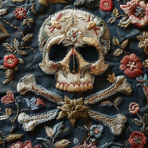 Today's Midjourney Experiment. Prompts: skull and crossbones, embroidery, wool thread, floral pattern, on military camouflage fabric, --stylize 800 --v 6 Floral Skull Embroidery, Vampire Embroidery, Skull Embroidery Pattern, Grave Cleric, Dark Embroidery, Embroidery Skull, Skull Quilt, Aesthetic Embroidery, Skull Embroidery