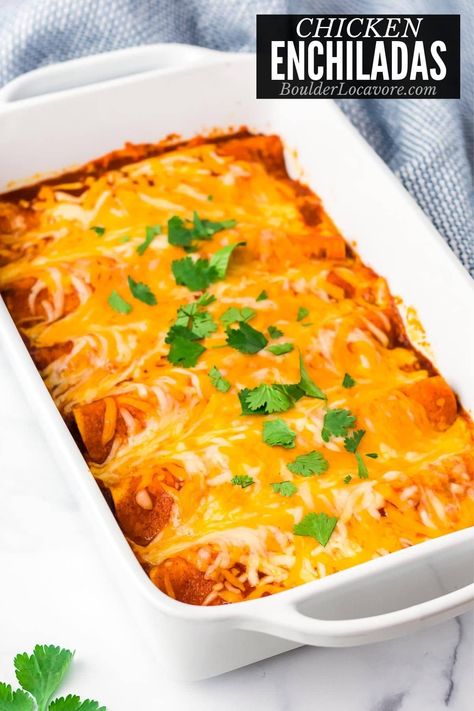 Hearty, filling Easy Chicken Enchiladas are packed with tender chicken, green chiles, refried beans and baked in red enchilada sauce with loads of gooey cheese. Fast enough for a weeknight dinner! Chicken Enchilada Casserole Red Sauce, Chicken Enchalidas Recipes, Chicken Enchilada, Enchiladas Chicken, Casserole Enchilada, Easy Enchilada Recipe, Easy Chicken Enchilada Recipe, Frijoles Refritos, Chicken Shawarma Recipe