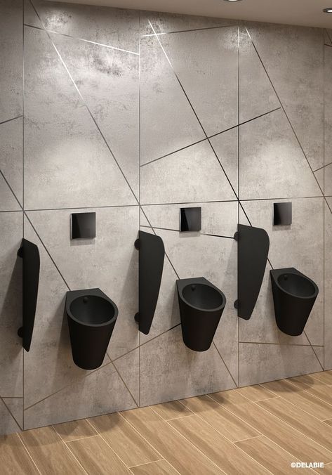 Synonymous with elegance and restraint, black sanitary ware triumphs in washrooms. Indivisible, the FINO designer urinal with Teflon® finish and the black AZA divider are the perfect pairing. Undivided, together their design is timeless. #DELABIE #urinal #menstoilets #wc #interiordesign #hotelsdesigner #restaurantdesign Urinal Design, Washroom Design, Le Duo, Sanitary Ware, Office Interior Design, Restaurant Design, Space Saving, Divider, Interior Design