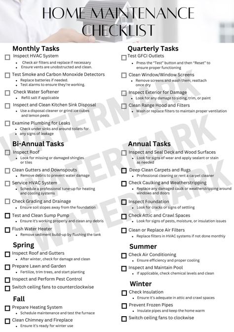 This ultimate home maintenance checklist is key to helping you keep your new home in tip top shape. Print your Home Maintenance Checklist so you don't miss any important checks through out the year. Great resource for new home owners. This print at home maintenance Checklist comes in A4 .pdf  Please note that these .pdf files are not editable. House Maintenance List, House Manager Checklist, Home Maintenance Checklist Printables, Annual Home Maintenance Checklist, New Home Owner Checklist, Homeowner Maintenance Checklist, House Maintenance Checklist, Yearly Home Maintenance Checklist, Home Maintenance Binder