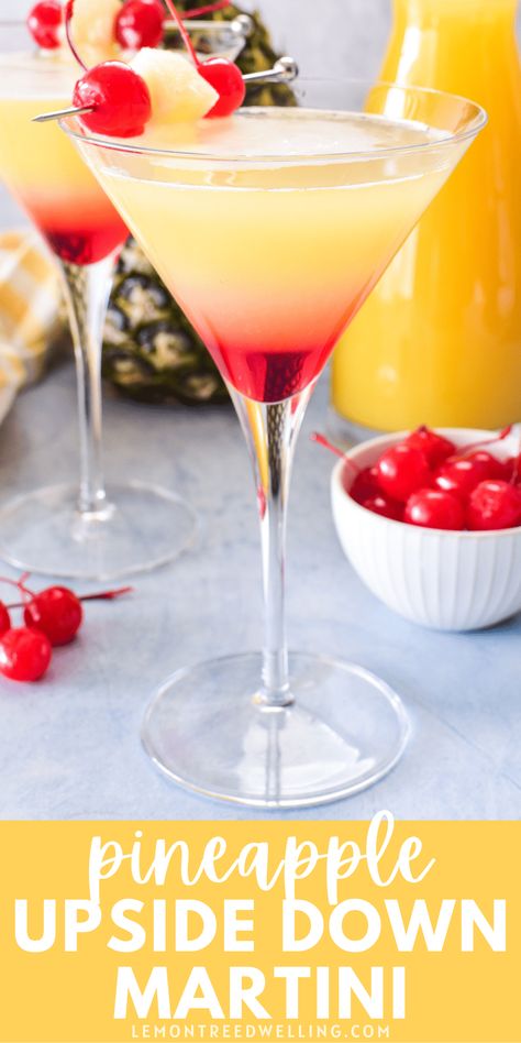 Upside Down Pineapple Cake Drink, Appetizers With Martinis, Upside Down Pineapple Martini, Pineapple Upside Down Cake Cocktail, Light Martini Recipes, Pineapple Upside Down Mimosa, Good Martini Recipes, Pineapple Upside Down Cake Martini, Pineapple Upside Down Cocktail