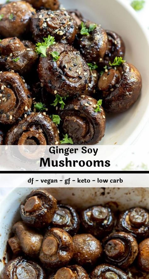 These Ginger Soy Roasted Mushrooms are a simple side dish recipe idea. Just toss mushrooms with some Asian inspired ingredients and roast them for a flavorful side dish or appetizer.This recipe is vegan dairy free keto low carb with gluten free options. - roasted mushrooms cooking mushrooms baked mushrooms recipes for mushrooms mushrooms recipes healthy best mushrooms asian mushrooms vegan asian Low Carb Asian Side Dishes, Japanese Mushrooms Recipes, Asian Portabella Mushroom Recipes, Vegan Mushroom Side Dishes, Asian Style Mushrooms, Chinese Mushrooms Buffet Style, Teriyaki Mushrooms Recipes, Asian Mushrooms Recipes, Korean Mushroom Side Dish