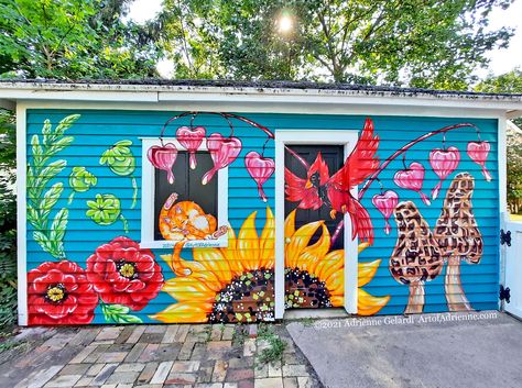 Creative Shed Painting, Garden Shed Mural Ideas, Painted Sheds Ideas Backyards, Fun Shed Painting Ideas, Shed Murals Outdoor, Whimsical Mural, Barn Mural, Backyard Mural, Fence Murals