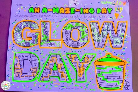 Glow Day Classroom Transformation - Lucky Little Learners Glow Day Classroom Activities, Glow Day Classroom, Sight Word Stations, Glow Bowling, Character Trait Worksheets, Teaching Board, Glow Day, Painting Station, Sequencing Worksheets