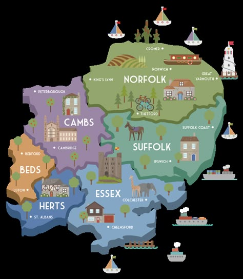 Rowena Leanne - Map of East Anglia East Anglia, Suffolk Coast, Football Poses, England Map, Map Pictures, St Albans, King's Lynn, Peterborough, Travel Sites