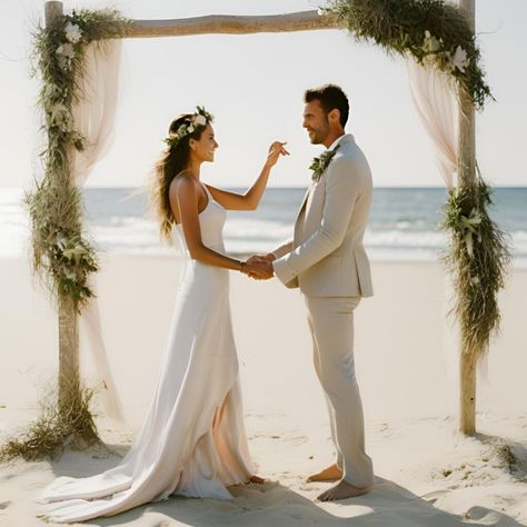 Beautiful Beach Wedding Ideas for a Seaside Celebration - Yeah Weddings Bride Bouquets Beach Wedding, Simple Beach Ceremony Decor, Beach Wedding Set Up Ideas, Boho Beach Wedding Flowers, Beach Wedding Bride, Small Beach Ceremony Simple, Small Beach Wedding Ideas, Boho Beach Micro Wedding, Small Beach Wedding