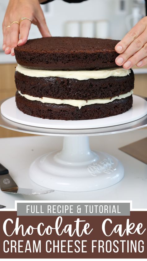 Chocolate Cake Layer Recipe, Chocolate Birthday Cake Frosting, Chocolate Layer Cake With Cream Cheese, Cream Cheese Frosted Cake, Cake Recipe With Cream Cheese Frosting, Cream Cheese Frosting For Layer Cake, Easy Chocolate Layer Cake, Diy 3 Layer Cake, Chocolate Cake Cream Cheese Filling