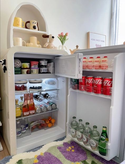 Food For Mini Fridge, Aesthetic Mini Fridges For Food, Aesthetic Room Korean, Cute Room Ideas Aesthetic, Cute Mini Fridge, Kulkas Mini, Aesthetic Room Posters, Rooms Cute, Mini Fridge In Bedroom