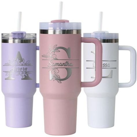 🌼Customized Engraved Personalized 40oz Insulated Tumbler Cup Mug with Handle and Straw, Cus Tumbler Engraving Ideas, Name Tumbler Cups, Teachers Day Ideas, Tumbler Ideas Diy, A Text Logo, Personalized Yeti Tumblers, Personalize Yeti, Flower Monogram, Summer Tumbler