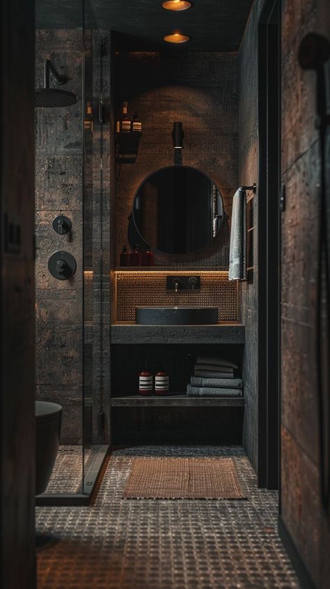 Dark Shower Room, Industrial Design Bathroom, Dark Bathroom Decor, Dark Modern, Architecture Bathroom, Perfect Bathroom, Dark Home Decor, Industrial Bathroom, Dark Home