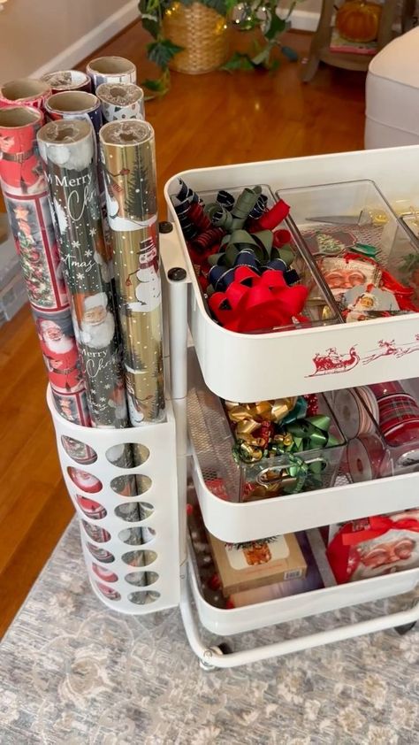 Christmas Wrapping Storage, Gift Wrap Cart Diy, Christmas Wrapping Station Ideas, Gift Wrap Display Retail, Wrapping Paper Cart, Christmas Wrapping Station, Diy Christmas Gifts For Adults, Gift Wrap Storage Ideas, Gift Wrapping Closet