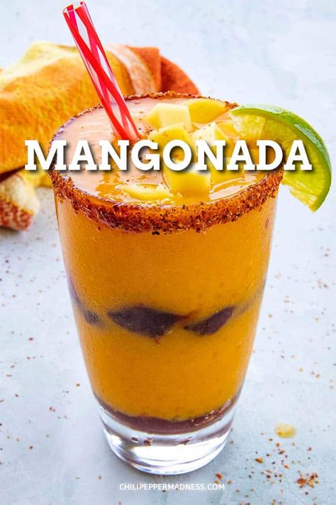 This homemade mangonada recipe is a sweet and tart frozen smoothie drink made with Mexican chamoy sauce, frozen mangos and spicy Tajin seasonings. So good! Recipes With Chamoy Sauce, Mangonada Recipe, Chamoy Sauce, Chili Pepper Recipes, Spicy Chicken Recipes, Peppers Recipes, Chili Pepper, Drinks Alcohol Recipes, Smoothie Drinks