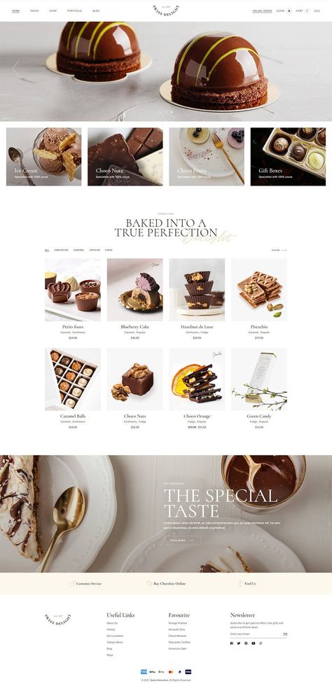 Designed for all your culinary wonders, Swiss Delight is a modern chocolate and cake shop theme packed with every layout, option and feature a modern chocolaterie and sweets shop can ever need. #wordpress #theme #layout #design #webdesign #template #responsive #business #professional #applandingpages #productshowcases #presentations #chocolate #CakeShop Chocolate Catalogue Design, Chocolate Website Design Inspiration, Cake Catalogue Design, Chocolate Website Design, Sweet Treat Business, Cake Website Design, Chocolate Website, Chocolate Template, Treat Business