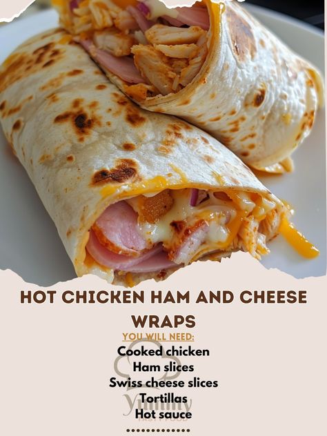 🔥🌯 Spice up your meal with Hot Chicken Ham and Cheese Wraps! A tasty, quick, and filling option. #SpicyWrapDelight Hot Chicken Ham and Cheese Wraps Ingredients: Cooked chicken, shredded (1 cup) Ham slices (4) Swiss cheese slices (4) Tortillas (4) Hot sauce (2 tbsp) Instructions: Lay tortillas flat, place a slice of ham and cheese on each. Top with chicken, drizzle with hot sauce. Roll up tightly, grill until cheese melts. 🌶️🧀 Dive into these hearty wraps filled with layers of flavor. Ideal ... Chicken And Ham Sandwich, Ham And Cheese Wraps, Chicken Ham And Cheese, Cheese Wraps, Ham Slices, Chicken Shredded, Chicken Ham, Ham Sandwiches, Cheese Wrap