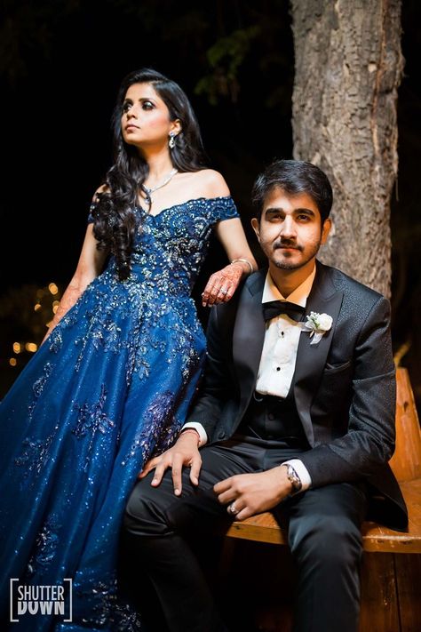 #couples #couplegoals #couplesphotography #bride #groom #elegant #weddingideas #weddingdresses #indianwedding #reception Reception Dress Colour Combination, Blue Gown For Engagement Indian, Reception Gown For Bride, Reception Dress Ideas, Groom Indian Wedding Outfits, Twinning Outfits, Indian Wedding Reception Outfits, Wedding Reception Dresses, Party Dress Ideas