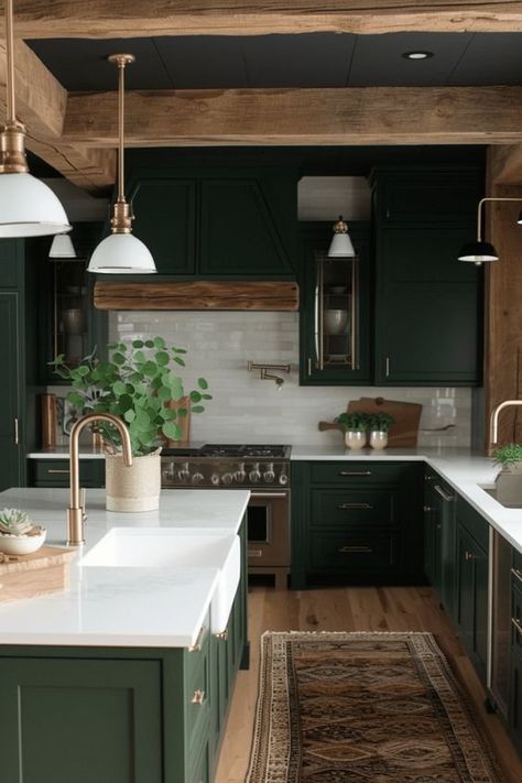 Green Wood Kitchen, Moody Farmhouse, Green Countertops, Moody Kitchen, Green Kitchen Designs, Dark Green Kitchen, Decor Ideas Kitchen, Green Kitchen Cabinets, Kitchen Aesthetic