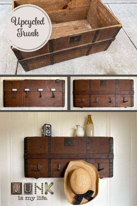 I bought an old trunk that was in pieces and beyond repair so I Upcycled it into two projects! #project #upcycle #trunk #farmhousedecor #repurposed Repurposed Old Trunks, Upcycle Trunk, Farmhouse Guest Bedroom, Rustic Wood Projects, Beyond Repair, Upcycled Projects, Old Trunks, Antique Trunk, Wicker Table