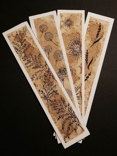 Coffee Stain Bookmark, Doodle Bookmark, Doodle Bookmarks, Teabag Art, Coffee Art Painting, Ink On Watercolor, Handmade Bookmarks Diy, Tea Bag Art, Coffee Stain