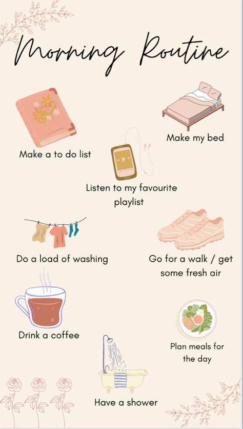 Daily routine morning routine schedule inspiration collage vision board Canva created aesthetic Morning Routine Simple, What To Do In The Morning, How To Have A Productive Day, Things To Do In The Morning, Moring Routine, Relax Day, Morning Routine Ideas, Ideal Day, Routine Printable