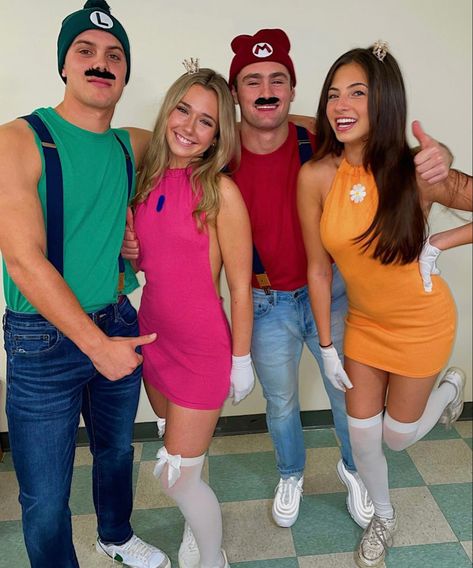 Halloween Costumes Mario Characters, Princess Daisy And Luigi Costume, Bowser And Peach Costume, Mario Characters Halloween Costumes, Group Mario Costumes, Group Of 4 Halloween Costumes Couples, Luigi And Daisy Costume, Mario Group Costumes, Princess Daisy Halloween