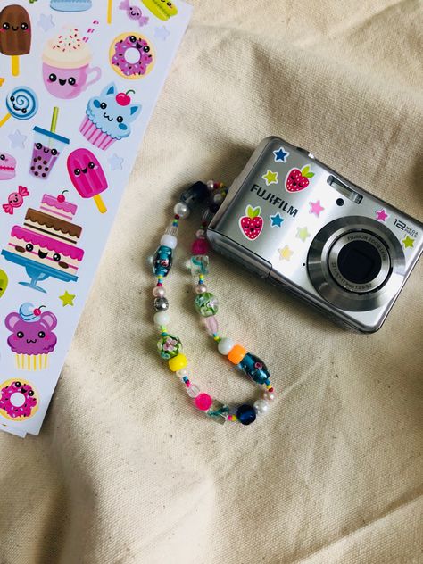 Camera Strap Aesthetic, Camera With Stickers, Diy Camera Strap, Digi Camera, Phone Beads, Montana Summer, Bullet Journal Diy, Phone Strap, Diy Crafts Hacks