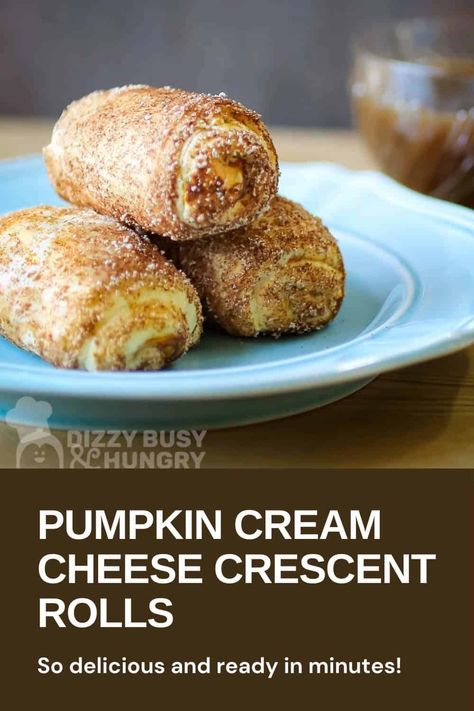 Sweet and perfect for fall, these Pumpkin Cream Cheese Crescent Rolls are an excellent dessert for beginner bakers. They’re ready in minutes and only need a few ingredients, so there’s very little time and effort required! Fans of pumpkin pie will love these light and flaky pastries. Add a tasty cinnamon sugar for some extra flavor and pizzazz! Crescent Roll Dessert, Cream Cheese Crescent Rolls, Crescent Recipes, Cheese Crescent Rolls, Pumpkin Cream Cheese, Pumpkin Recipes Easy, Cream Cheese Desserts, Pumpkin Cinnamon Rolls, Cheese Pumpkin