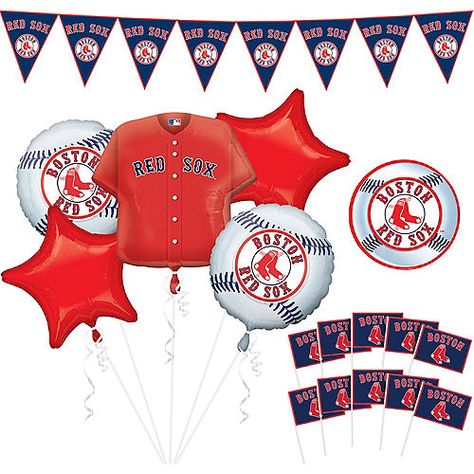 Red Sox Theme Birthday Party, Red Sox Birthday Party, Red Sox Party, Foil Balloon Bouquet, Red Sox Jersey, Socks Party, Baseball Theme Party, Red Sox Logo, Dads Birthday