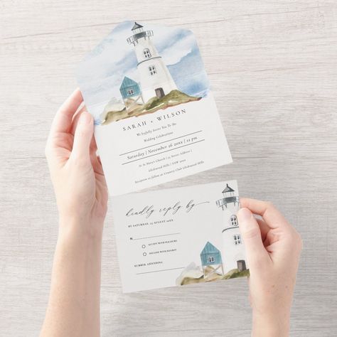 Mountain Rocks, Watercolor Lighthouse, Popular Wedding Invitations, Navy Watercolor, Lighthouse Wedding, Classy Wedding Invitations, Summer Wedding Invitations, Minimalist Wedding Invitations, Beach Destination Wedding