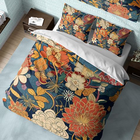 Add a touch of Japanese flair and girly charm to your bedroom with this Japanese pattern duvet cover colorful flower quilt cover, chrysanthemum bedding set girly bedroom blanket cover, reversible bed cover. The duvet cover features a vibrant and playful design of chrysanthemum flowers in a variety of colors, including pink, white, yellow, and orange, on a black background, creating a bold and stylish atmosphere.  Available in the following sizes: US king, US queen, US full, US twin, toddler, cri Masters Bedroom, Halloween Bedding, European Beds, Colorful Duvet Covers, Bedroom Blanket, Mexico House, Pattern Duvet Cover, California King Bedding, Flower Quilt