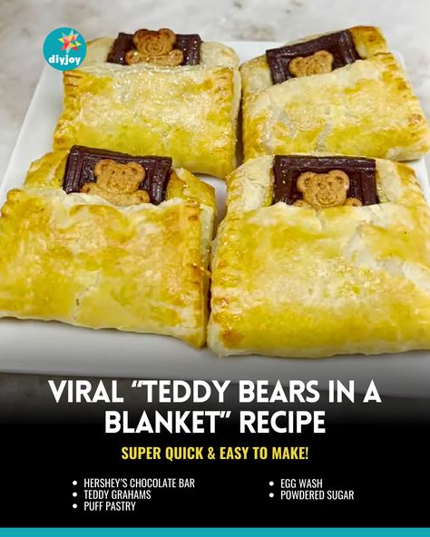 Teddy Bears In A Blanket Recipe, Teddy Bear Puff Pastry, Teddy Bear Sandwiches, Sleepy Teddy Pastry, Puff Pastry Teddy Graham, Sugar Puffs, Teddy Grahams, Hershey Chocolate Bar, Egg Wash