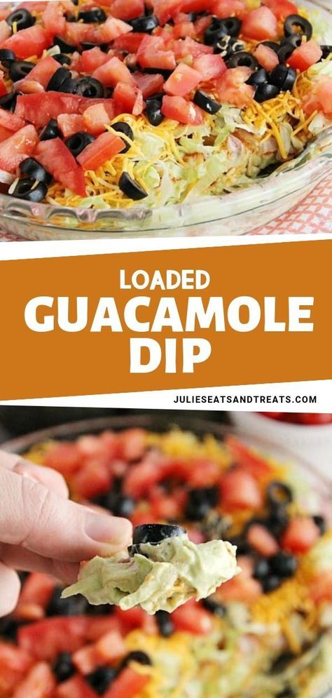 A perfect dip for your barbecue party, this loaded guacamole recipe is layered with cheese, salsa, lettuce, tomatoes and black olives. Layered Guacamole Dip Recipes, Loaded Guacamole Recipe, Loaded Guacamole, Guacamole Dip Recipes, Guacamole Recipes, Homemade Guacamole Recipe, Mexican Dips, Carrots And Celery, Cold Dips