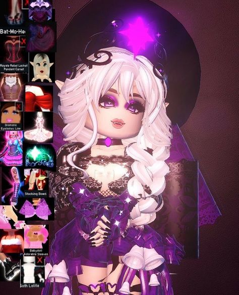 Halloween Fits Royale High, Solaris Halo Royale High, Rh Outfits Halloween, Royale High Purple Outfits, Dark Fairy Outfit Royale High, Royale High Roblox Outfits Halloween, Royals High Halloween Outfit, Rh Halloween Outfit Ideas, Royale High Outfits Ideas Halloween