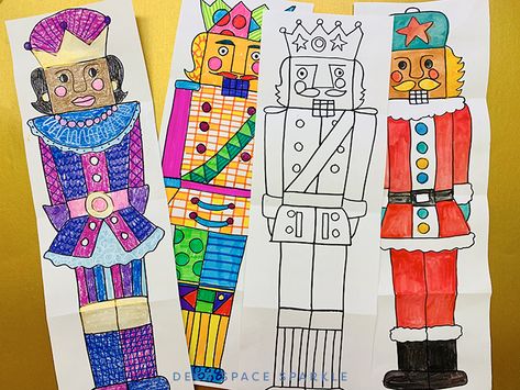 Colorful Nutcracker Drawing | Deep Space Sparkle Nutcracker Art Projects For Kids, Nutcracker Drawing, Yard Drawing, Colorful Nutcracker, Nutcracker Art, December Art, Nutcracker Crafts, 3rd Grade Art Lesson, Mystery Art