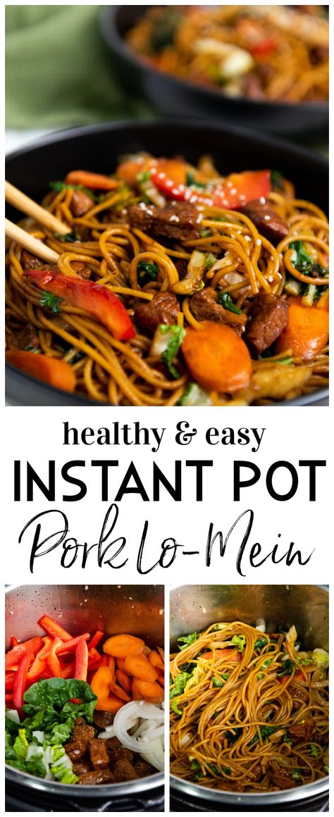 Skip the restaurant - whip up this delicious Instant Pot Pork Lo-Mein at home - full of healthy veggies and noodles, it's a definite crowd pleaser! #pork #lomein #instantpot #healthy #pressurecooker #instantpot #lomein #pork Instapot Chinese Food, Asian Noodle Instant Pot Recipes, Instant Pot Pork Lo Mein Recipe, Thai Recipes Instant Pot, Asian Pork Loin Recipes Instant Pot, Instant Pot Stir Fry Recipes, Instant Pot Pork Stir Fry, Chicken Lo Mein Recipe Instant Pot, Pork Lo Maine Noodle Recipe