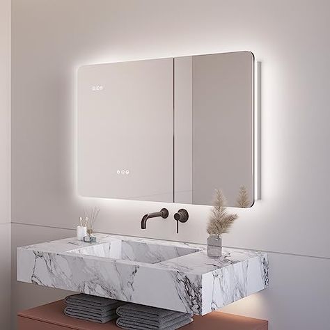 Bathroom Medicine Cabinet Mirror, Led Backlit Mirror, Double Door Bathroom, Mirror Interior Design, Medicine Cabinet With Mirror, Wall Mounted Bathroom Cabinets, Lighted Medicine Cabinet, Cabinet With Mirror, Color Lights