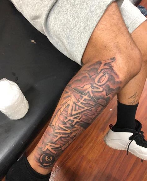 Fear God Leg Tattoo, Chosen 1 Tattoo Men, Black Men Leg Tattoos, Leg Tattoo Men Sleeve, Virgo Tattoo For Men, Calf Sleeve Tattoo Men, Leg Tats Men, Tattoo Ideas For Black Men, Calf Sleeve Tattoo