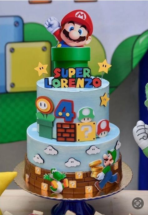 Mario Cake Design, Mario Cake, Number Cake, Number Cakes, Mario Bros., Mario Bros, 4th Birthday, Super Mario, Confetti