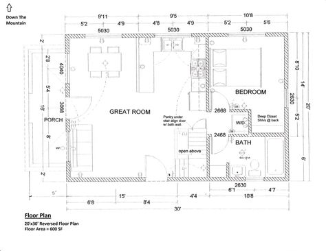 Floorplan 20x30 1.5 Story Cabin 20 X 30 Cabin Floor Plans With Loft, 20x30 House Plans With Loft, Vermont Cabin, Diy Pole Barn, Barn Dominium, 20x30 House Plans, Pocket Neighborhood, Inlaw Suite, Arched Cabin