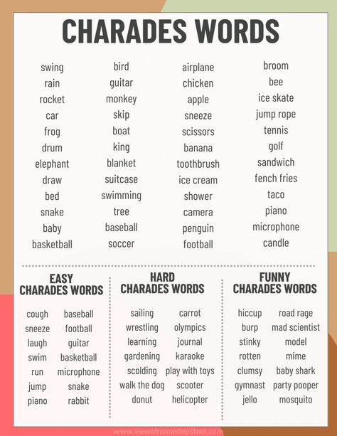 Things To Act Out In Charades, Family Charades Printable, Charades Ideas Movies, Family Charades Ideas, How To Play Charades, How To Play Pictionary, Password Game Word List, Reverse Charades Word List, Diy Charades