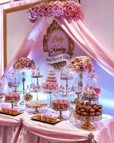 Sweets Table Quinceanera, Xv Court Table, Pink And Gold Sweet 16 Theme, Princess Quinceanera Theme Decorations, Quinceanera Sweet Table Ideas, Sleeping Beauty Quinceanera Theme Centerpiece Ideas, Once Upon A Time Sweet 16 Theme, Pink And Blue Sweet 16 Themes, Sweet 16 Food Table