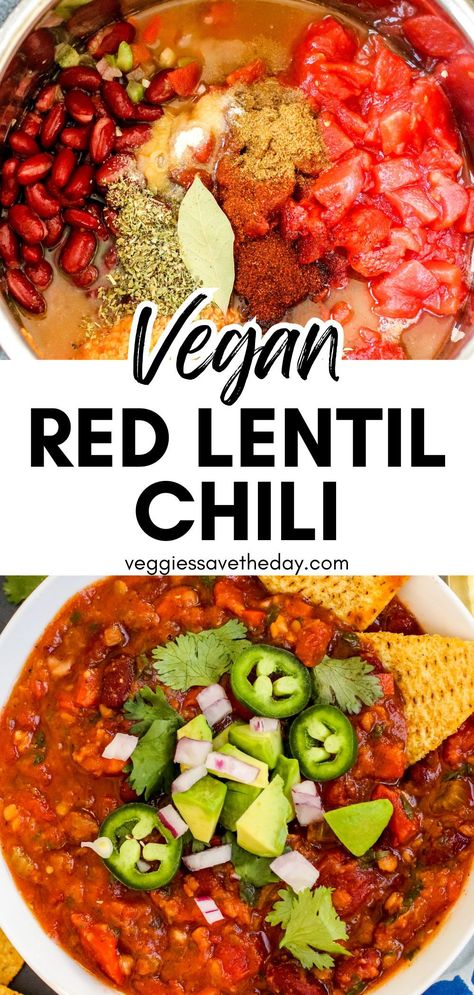 Vegan Chili Lentil, Red Lentil Recipes Crockpot, Lentil Chili Recipe, Lentils Instant Pot, Vegan Lentil Recipes, Lentil Recipes Easy, Recipes With Kidney Beans, Red Lentil Recipes, Red Lentil Soup Recipe