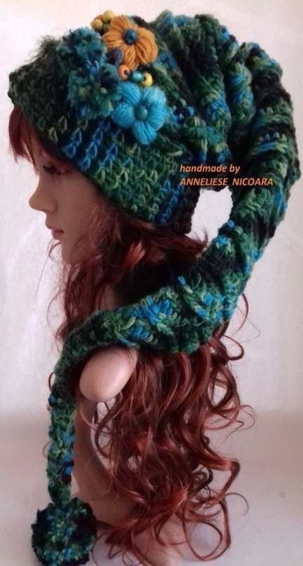 Long Hat Crochet Pattern, Crochet Long Hat, Fairy Crochet Hat, Crochet Fun Hats, Crazy Crochet Hats, Fairytale Crochet, Fun Crochet Hats, Pixie Crochet, Crochet Pixie Hat