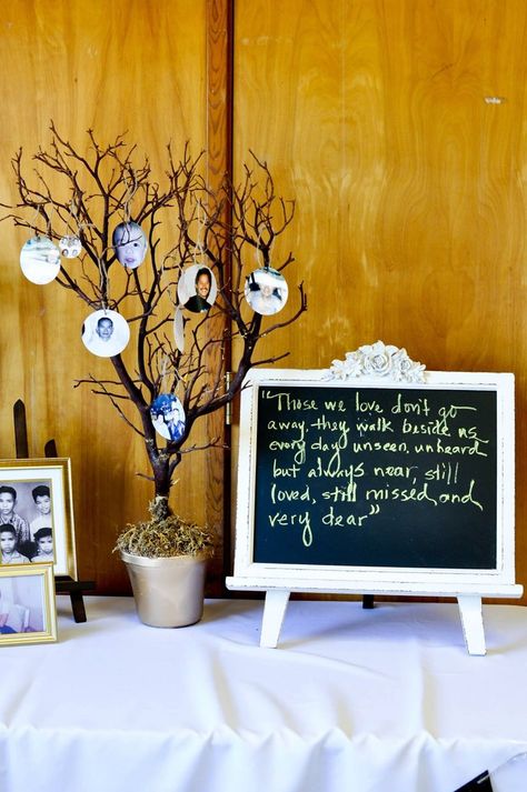 Memory tree with photos of those who have passed. #creativelyyoursamy #reunion #diy #memorytree Memorial Tree Ideas Diy, Church Decorations, Memory Tree, Photo Stands, Wedding Crafts, Photo Tree, Church Decor, Diy Box, 80th Birthday